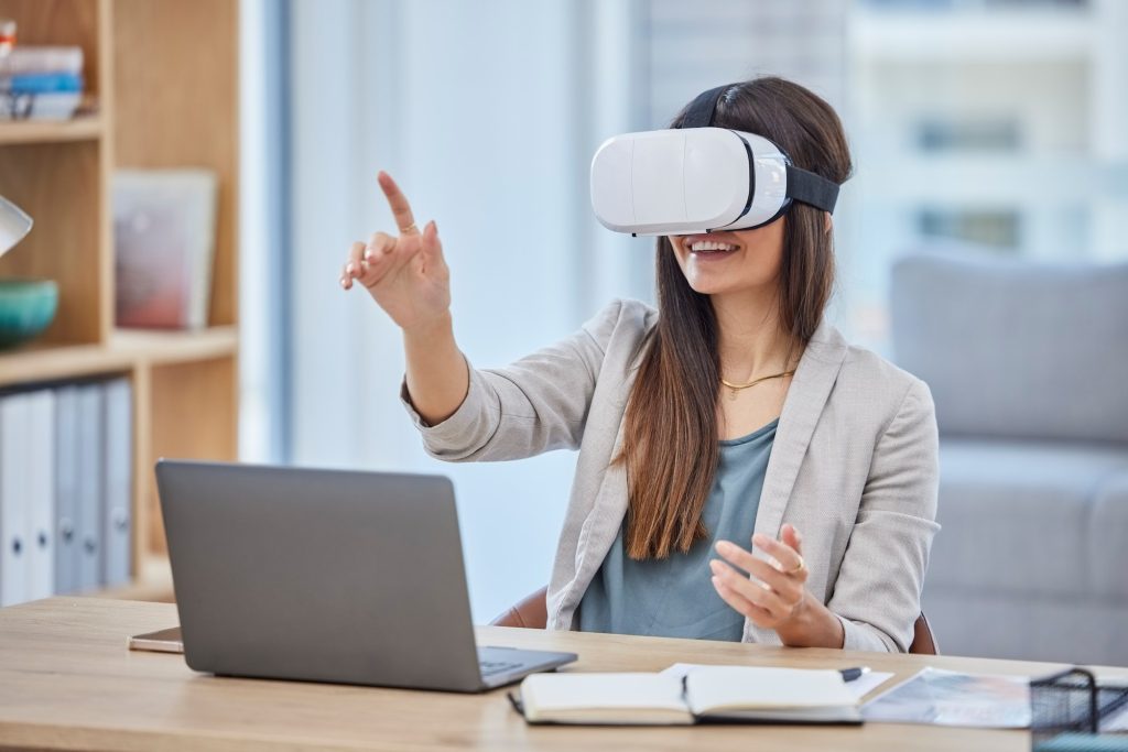 Vr, virtual reality and business woman in metaverse with digital technology in office. 3d, ai and h