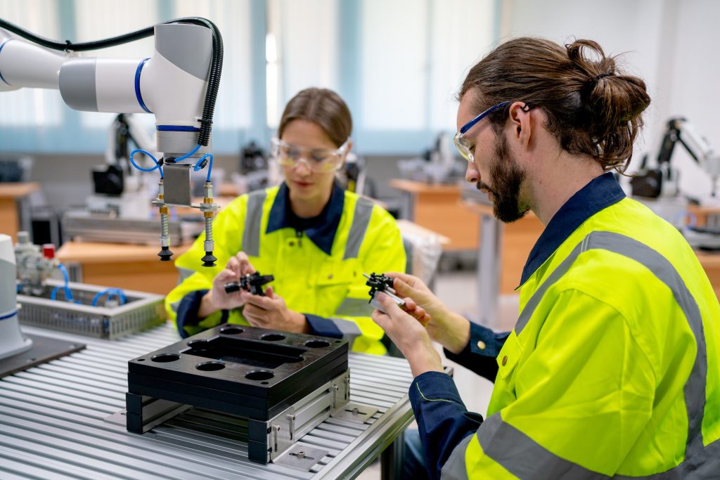 Side view of Caucasian engineer or technician workers man and woman check piece of machine