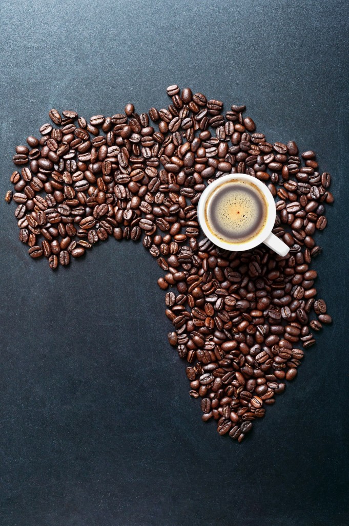 Roasted coffe beans shaping Map of the Africa on blackboard with cup of coffee