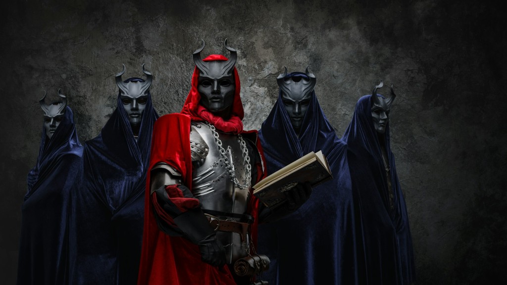 Five brothers of dark cult dressed in dark robes